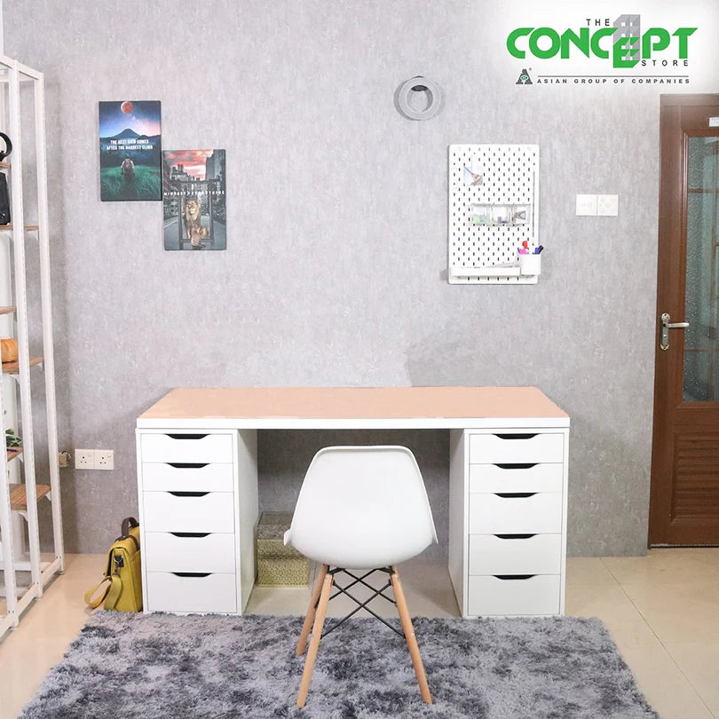 Liam White Drawer Table with Washed Oak Top