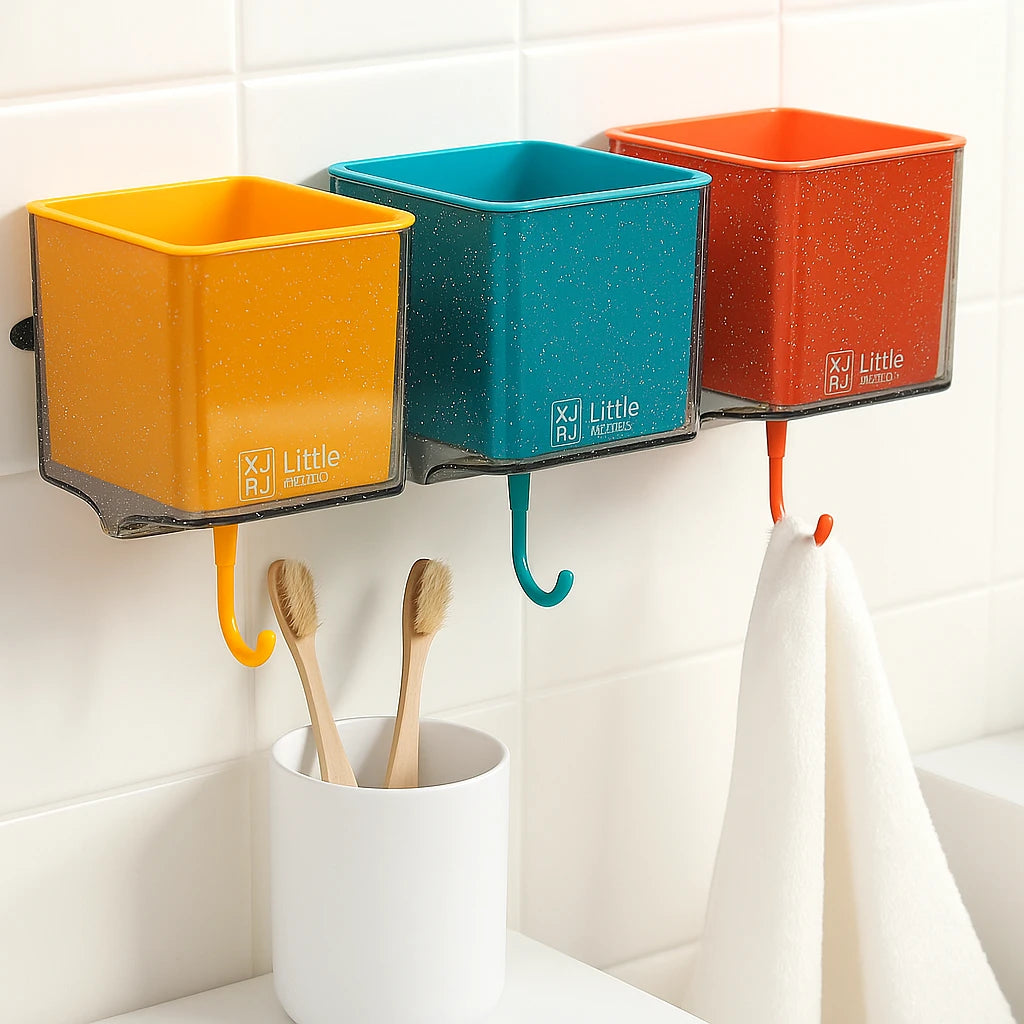 Bathroom Wall-Mounted Storage Box with Hook – Toothbrush & Essentials Holder