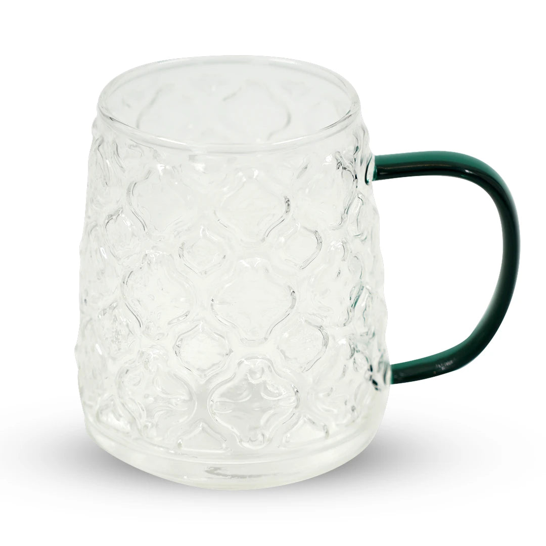 TEXTURED CRYSTAL GLASS MUG WITH DARK GREEN GRIP HANDLE