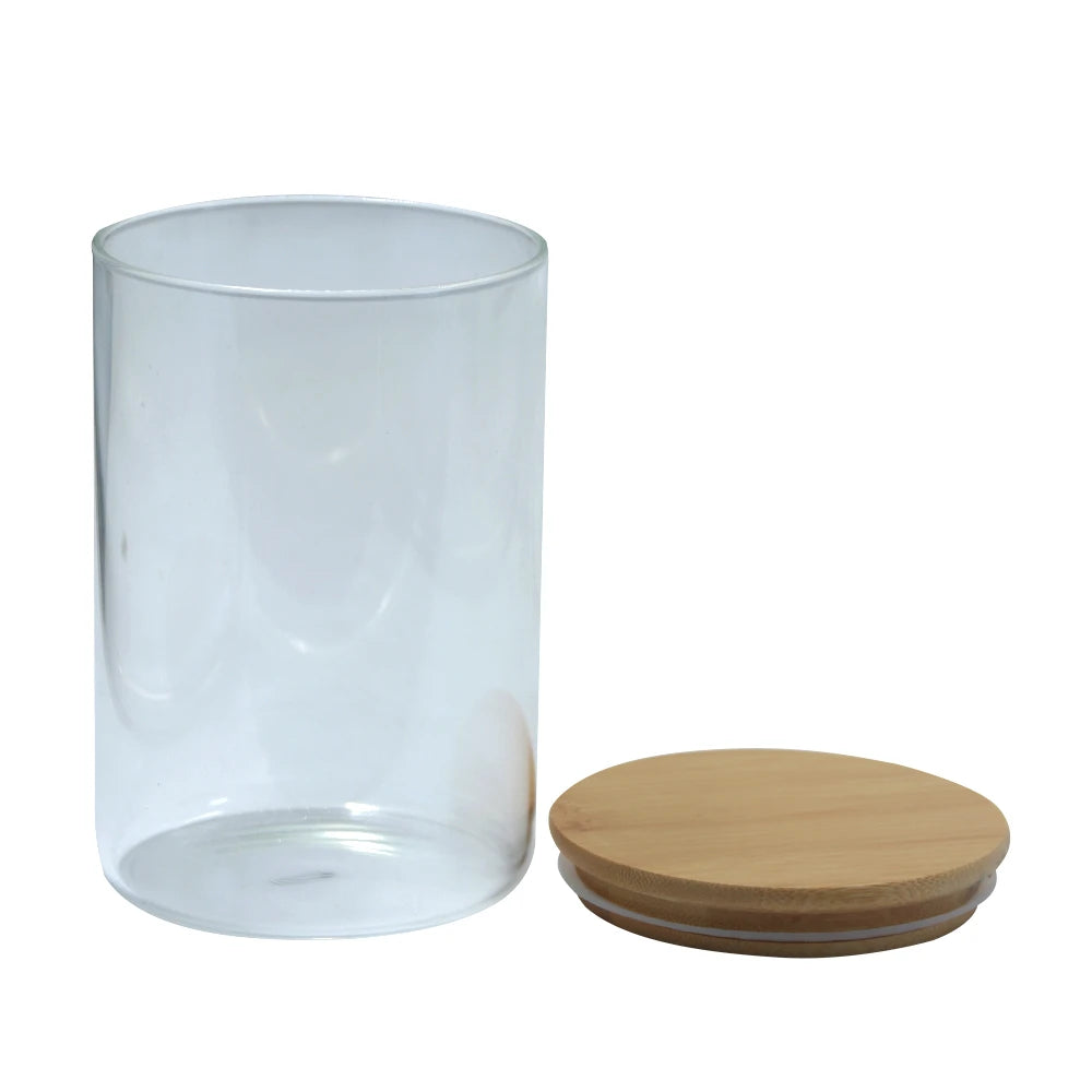 Transparent Glass Kitchen Storage Jar / Airtight Food Storage Container with Wooden Lid-Small