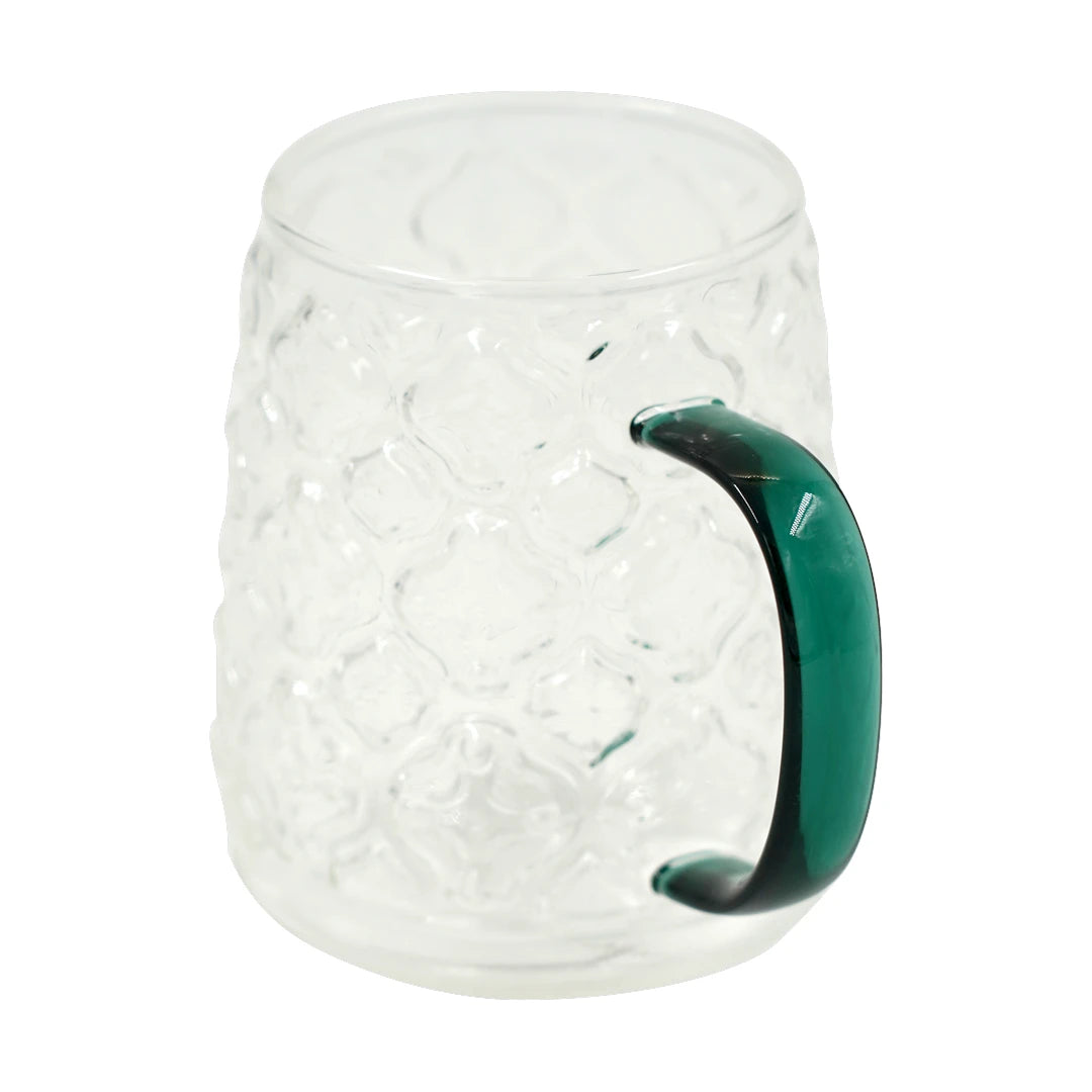 TEXTURED CRYSTAL GLASS MUG WITH DARK GREEN GRIP HANDLE