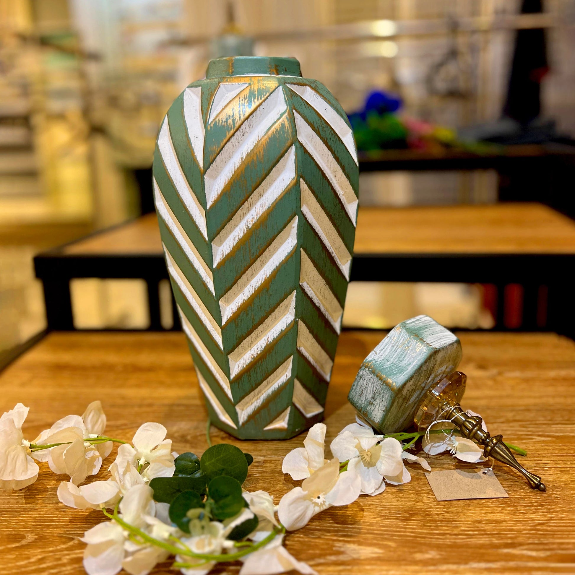 VINTAGE GREEN CHEVRON PATTERN JAR - LARGE