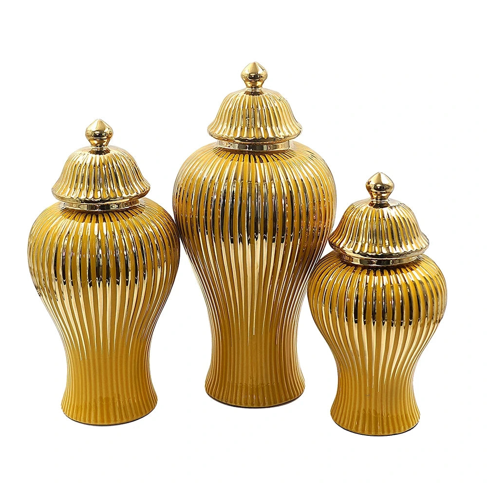 GLOSSY GOLD CERAMIC JAR COLLECTION | MODERN ACCENT VASES WITH LIDS