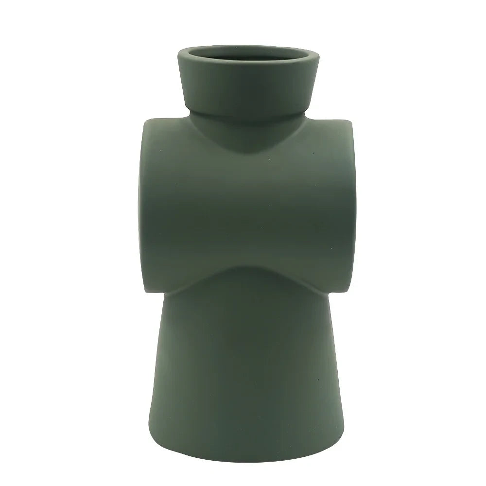 MODERN CROSS-SHAPED CERAMIC VASE | UNIQUE CROSS CYLINDER DESIGN POT - GREEN
