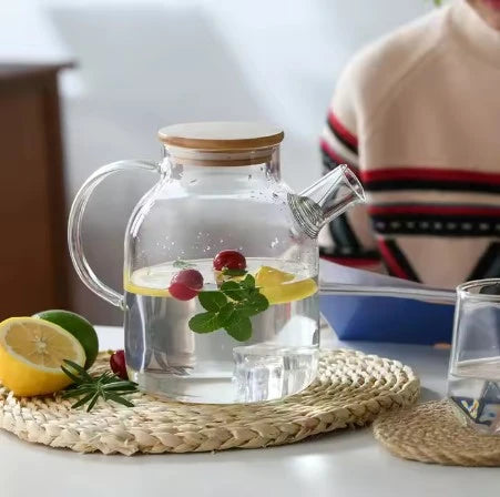 CLEAR STREAM GLASS BEVERAGE JAR WITH WOODEN LID