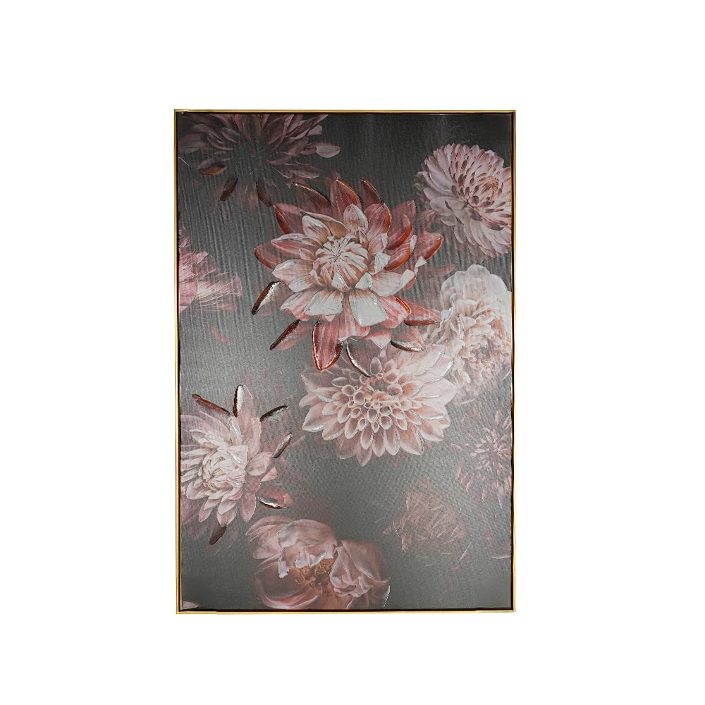 Modern Floral Wall Frame – Pink and White Flowers on Grey Canvas