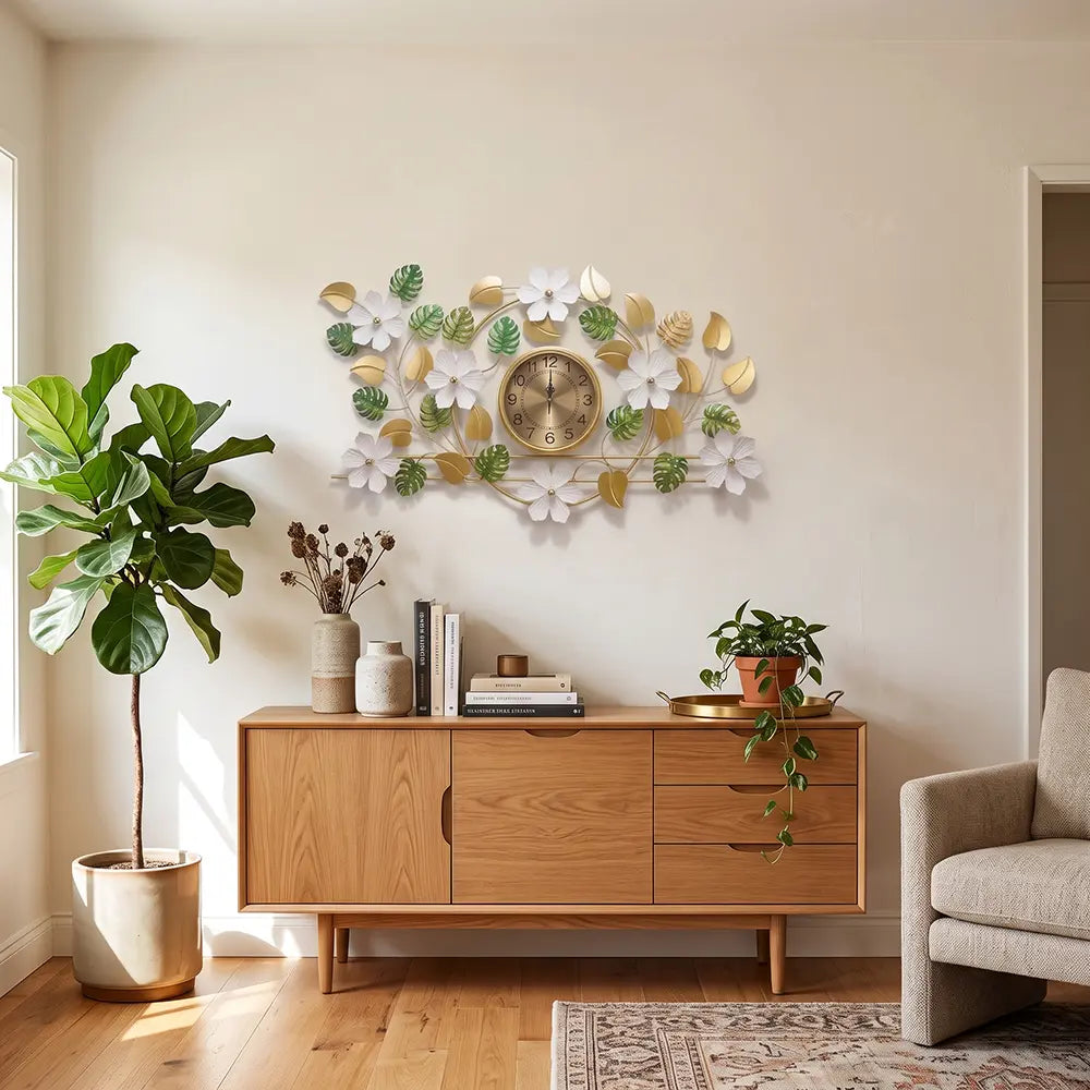 Premium Green Leaf Floral Wall Clock