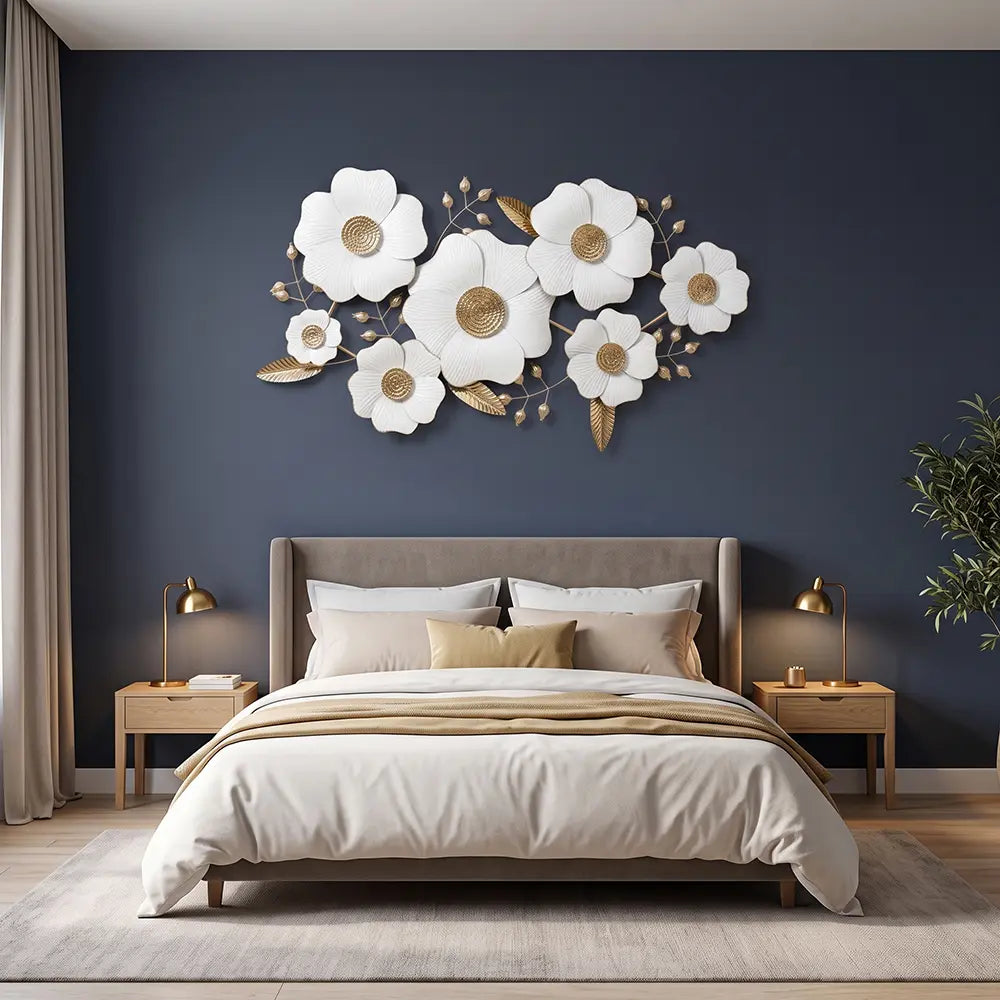 Premium Gold & White Floral Metal Wall Decor