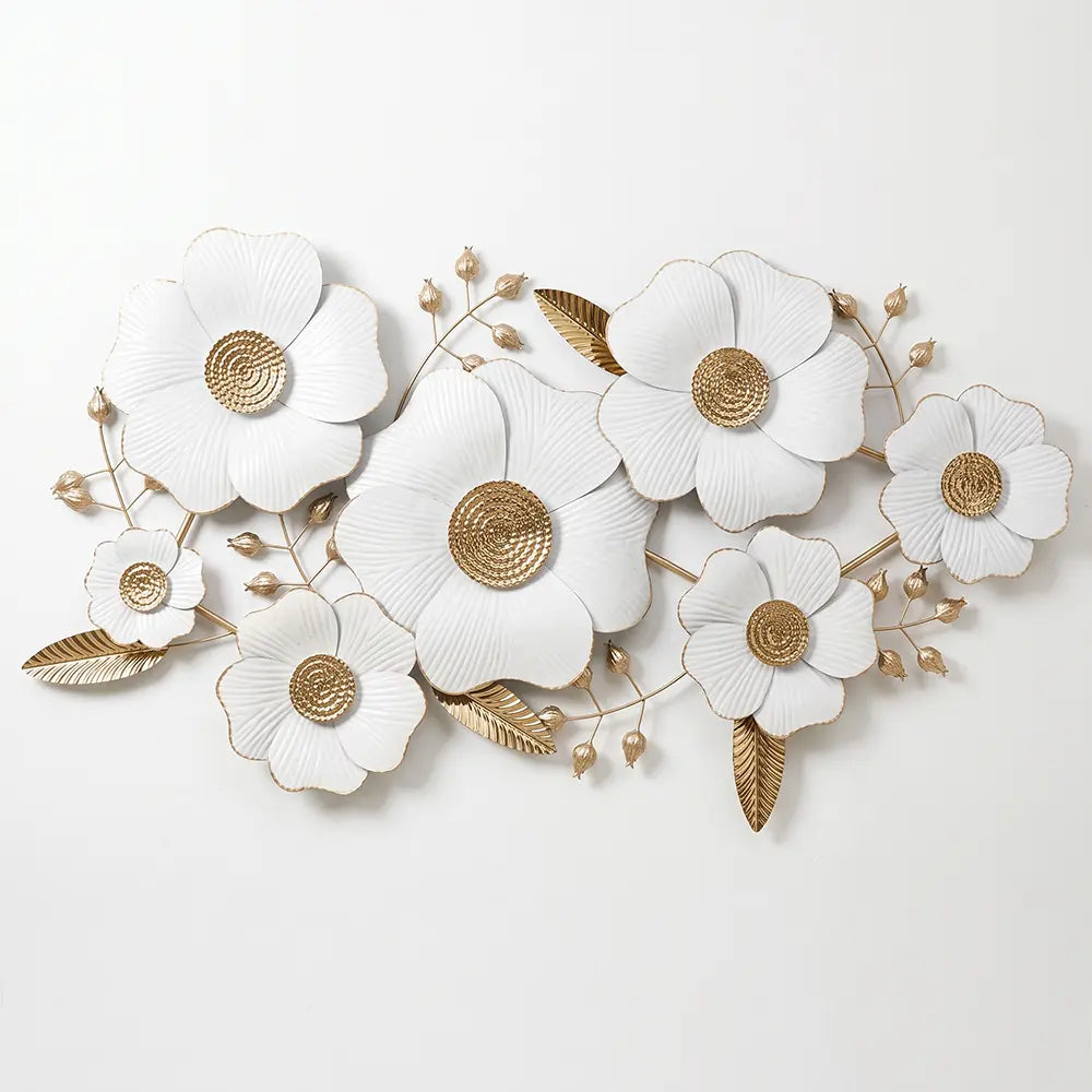 Premium Gold & White Floral Metal Wall Decor