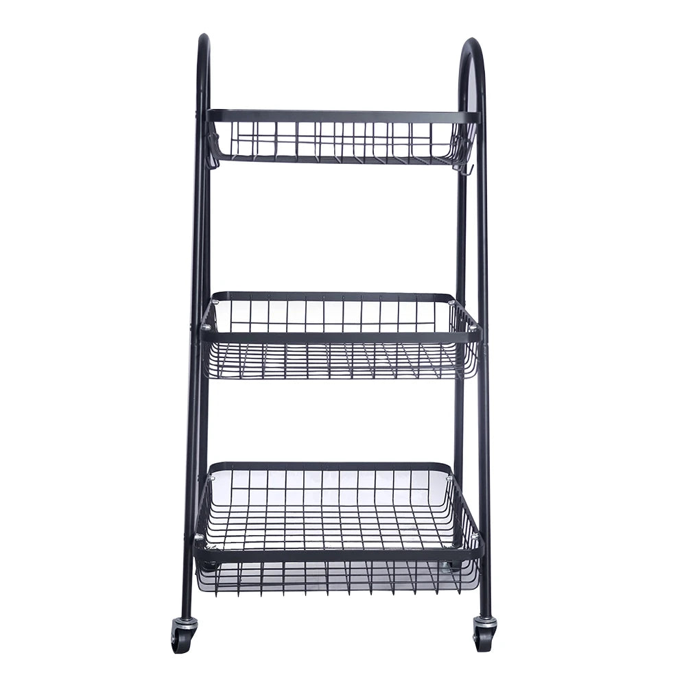 3-Layer Kitchen Storage Basket Rack with Wheels / Multi-Purpose Metal Storage Trolley