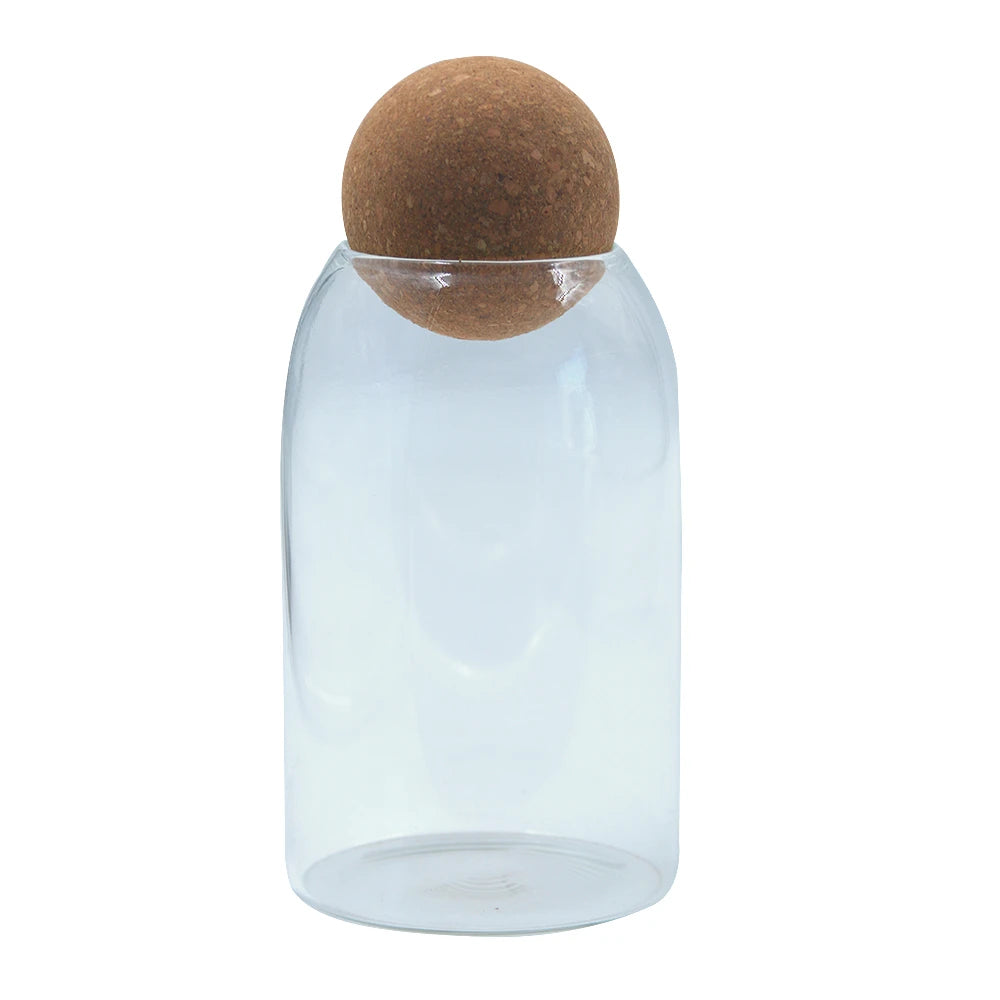 Glass Storage Bottle with Cork Ball Cap / Elegant Glass Canister with Airtight Cork Seal