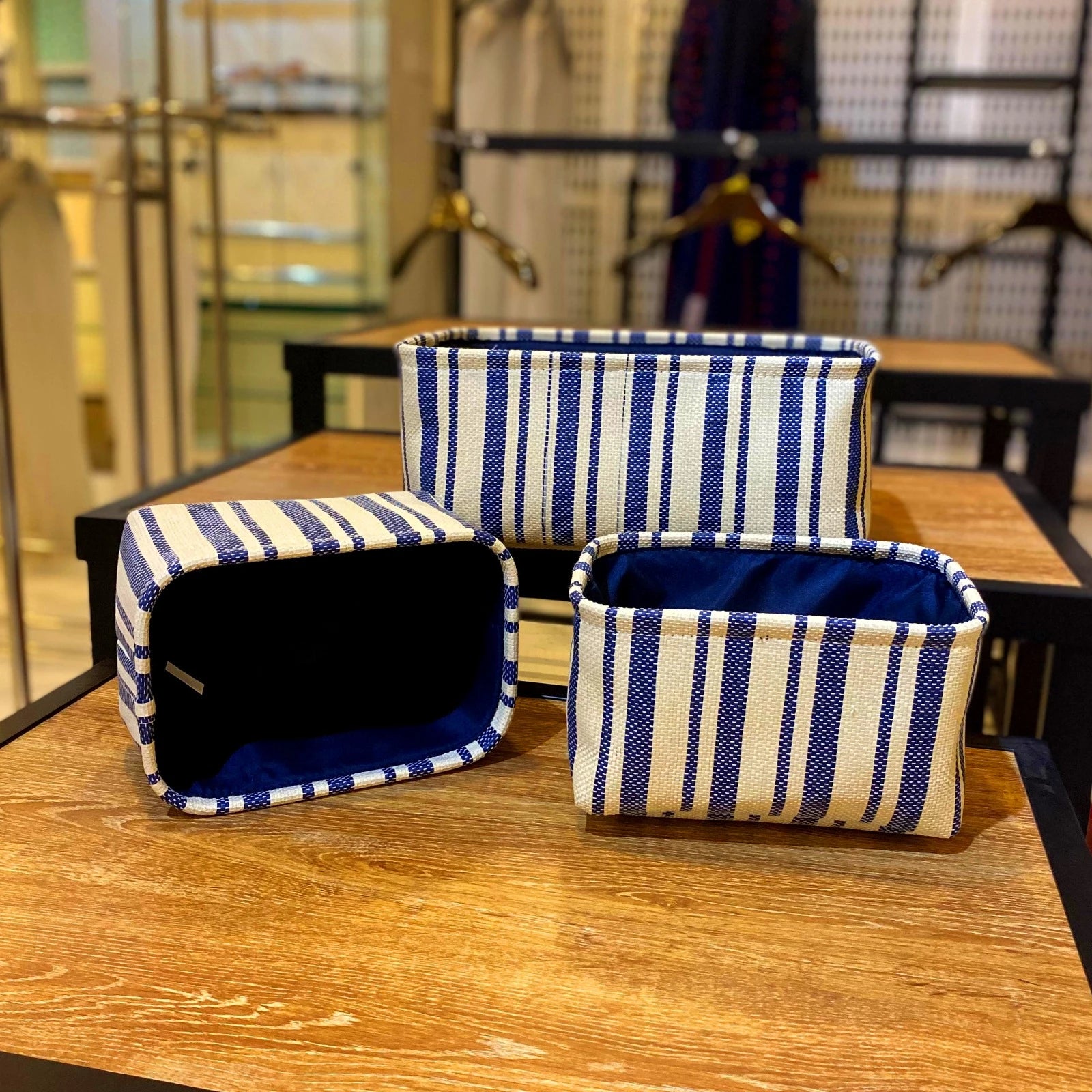 BLUE LINE STRIPE FABRIC STORAGE BASKET - 3PCS
