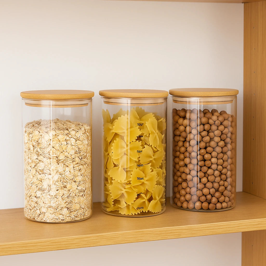 Transparent Glass Kitchen Storage Jar / Airtight Food Storage Container with Wooden Lid-Large