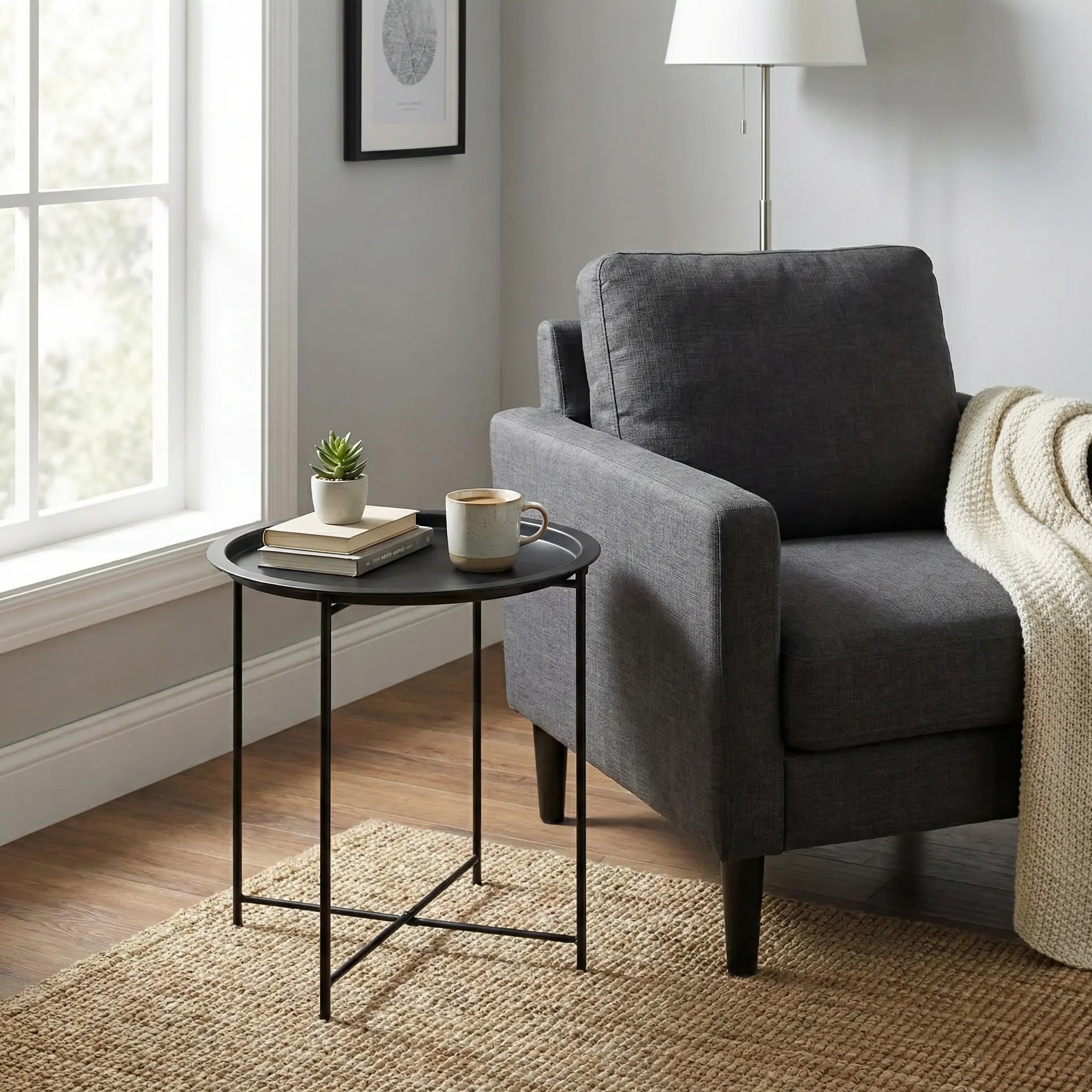 Round Black Folding Side Table