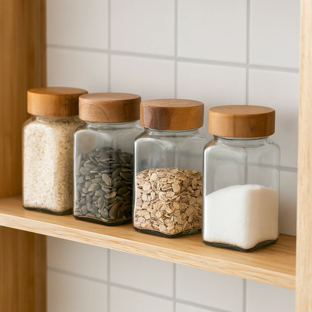 Square Glass Spice Container with Wooden Lid