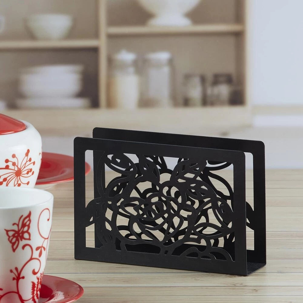 ROSE CUTOUT BLACK METAL TISSUE HOLDER - ELEGANT DECORATIVE TISSUE ORGANIZER