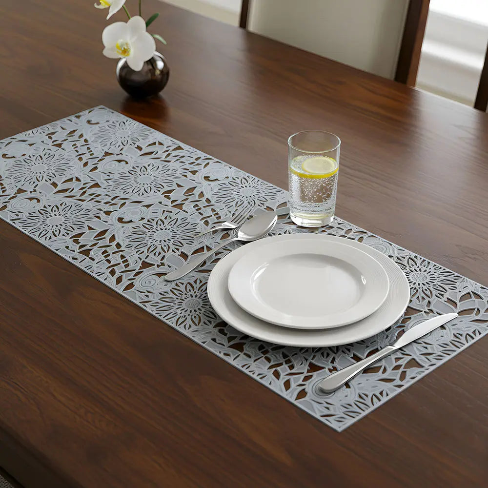 Silver Floral Cutwork Table Runner