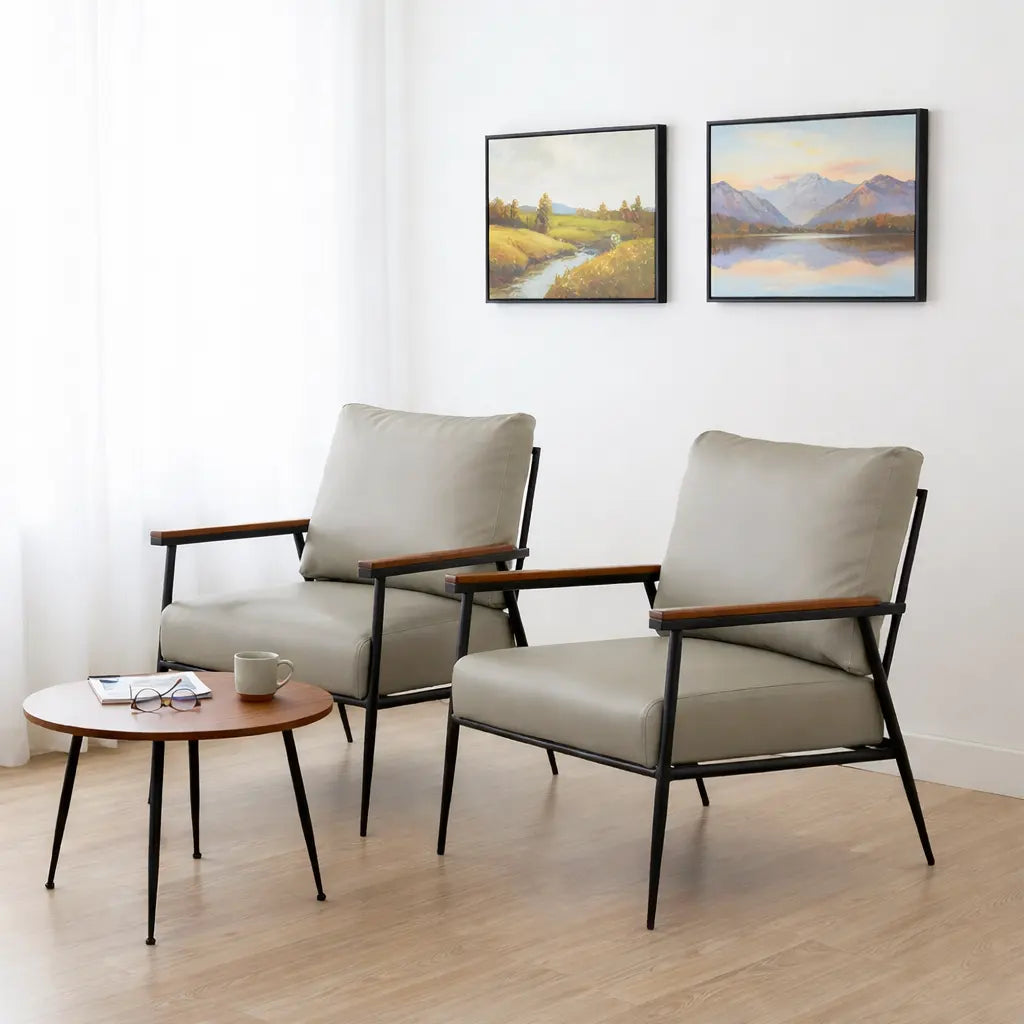 Stylish Lounge Chair with Wooden Armrest & Metal Frame