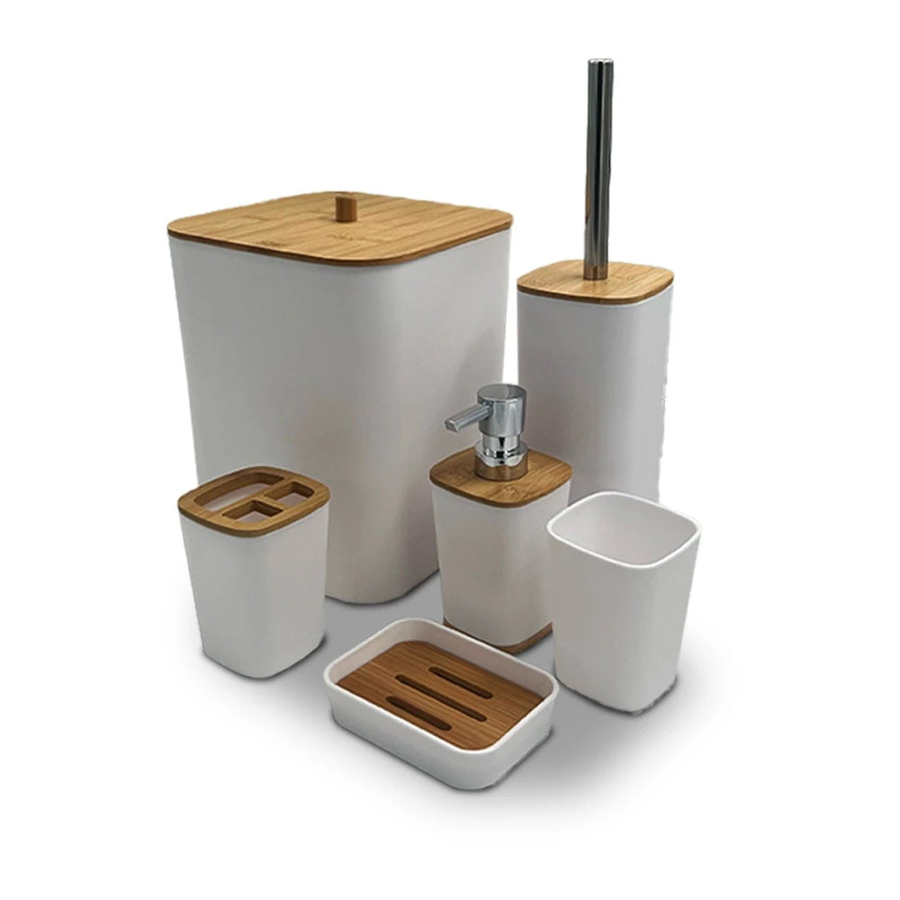 MODERN SQUARE BAMBOO BATHROOM ORGANIZER SET-WHITE
