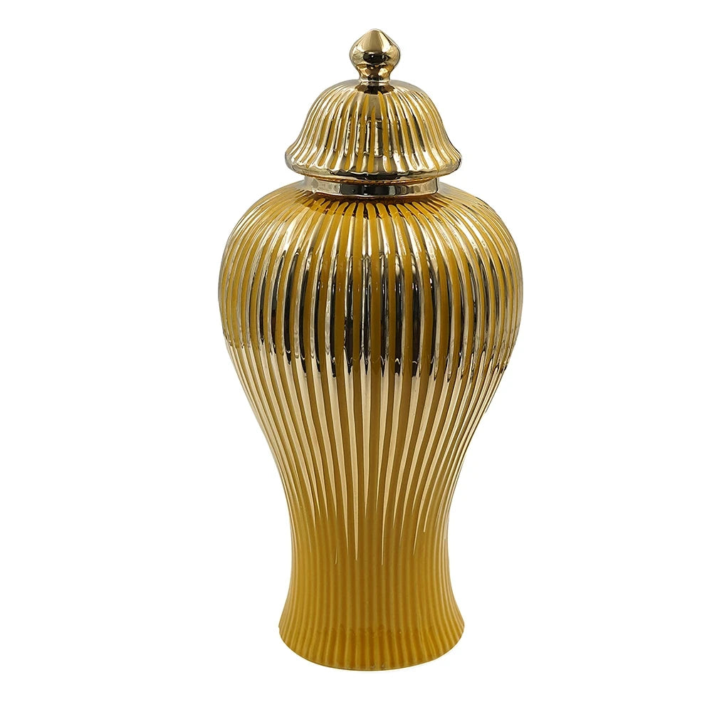 GLOSSY GOLD CERAMIC JAR COLLECTION | MODERN ACCENT VASES WITH LIDS - SMALL