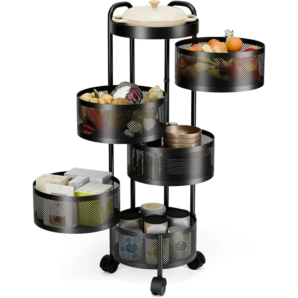 5-Tier Rotating Metal Storage Trolley with Wheels / Black Multi Layer Kitchen Basket Organizer Rack