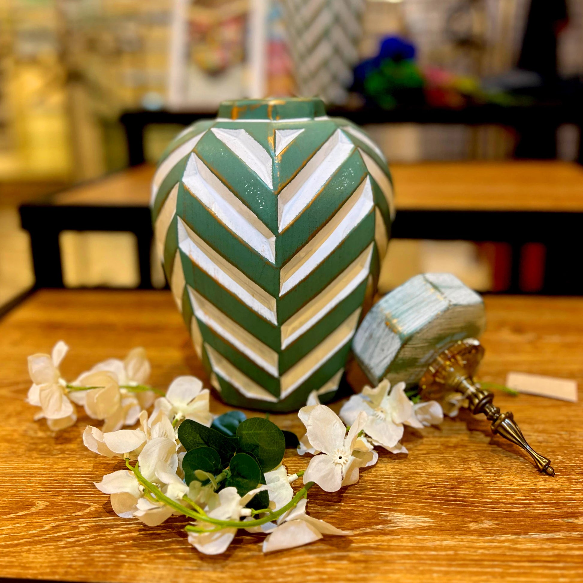 VINTAGE GREEN CHEVRON PATTERN JAR - SMALL