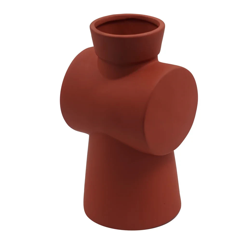 MODERN CROSS-SHAPED CERAMIC VASE | UNIQUE CROSS CYLINDER DESIGN POT - BRICK RED