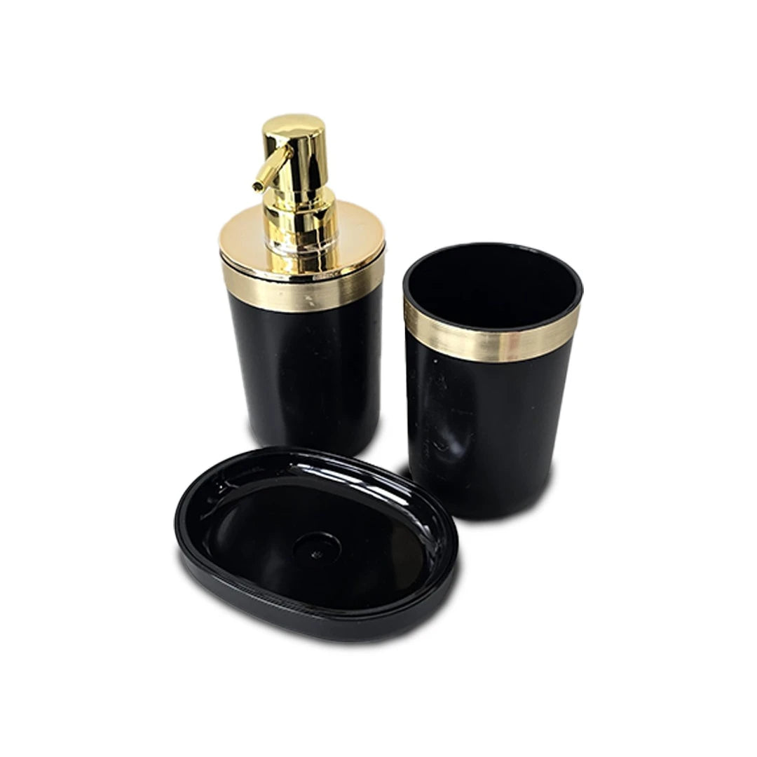 GOLDEN EDGE BLACK PLASTIC BATHROOM SET – 3PCS