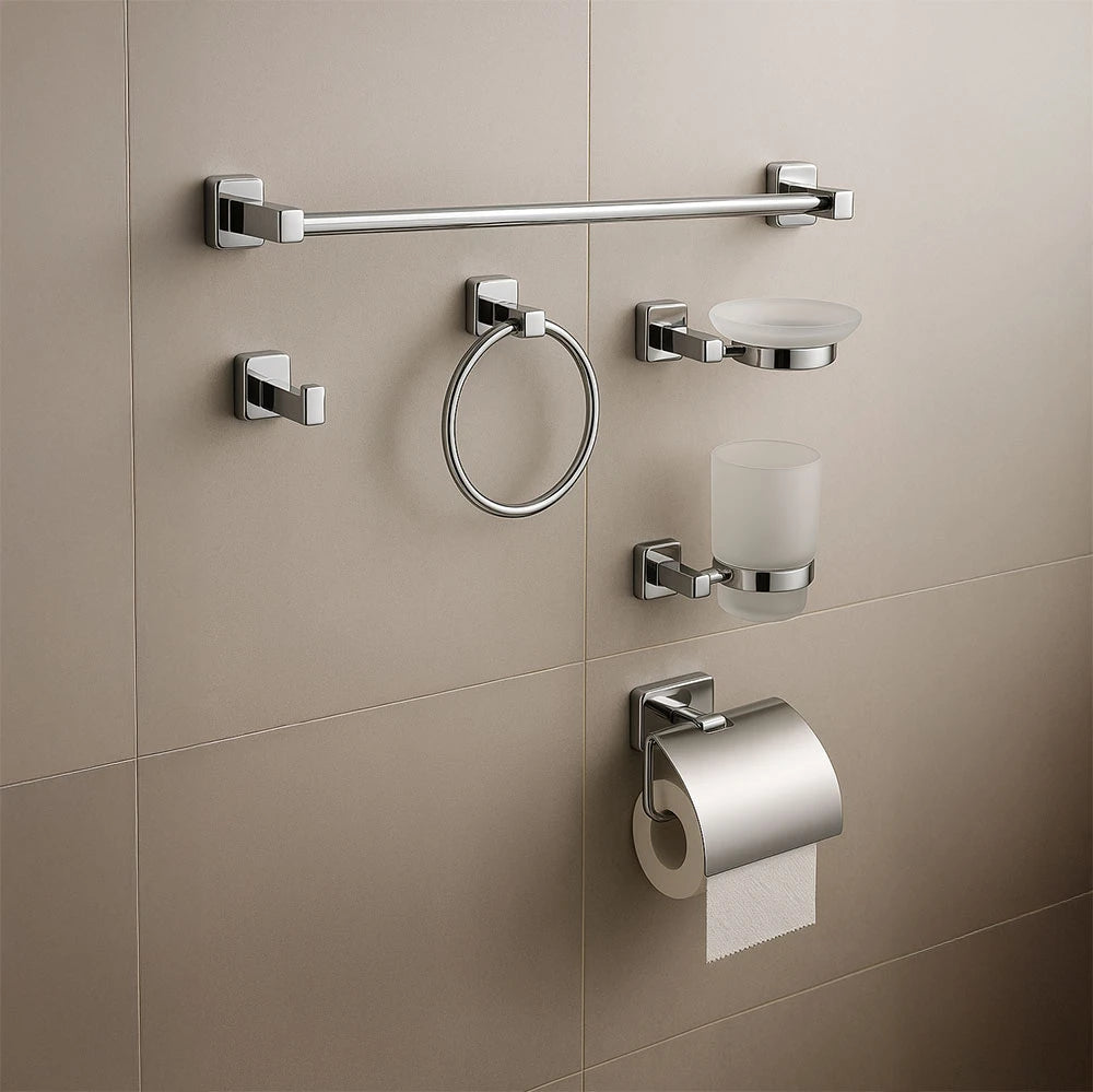 Wall-Mounted Bathroom Accessories Set – Towel Bar, Ring, Soap Dish, Cup Holder & Tissue Holder