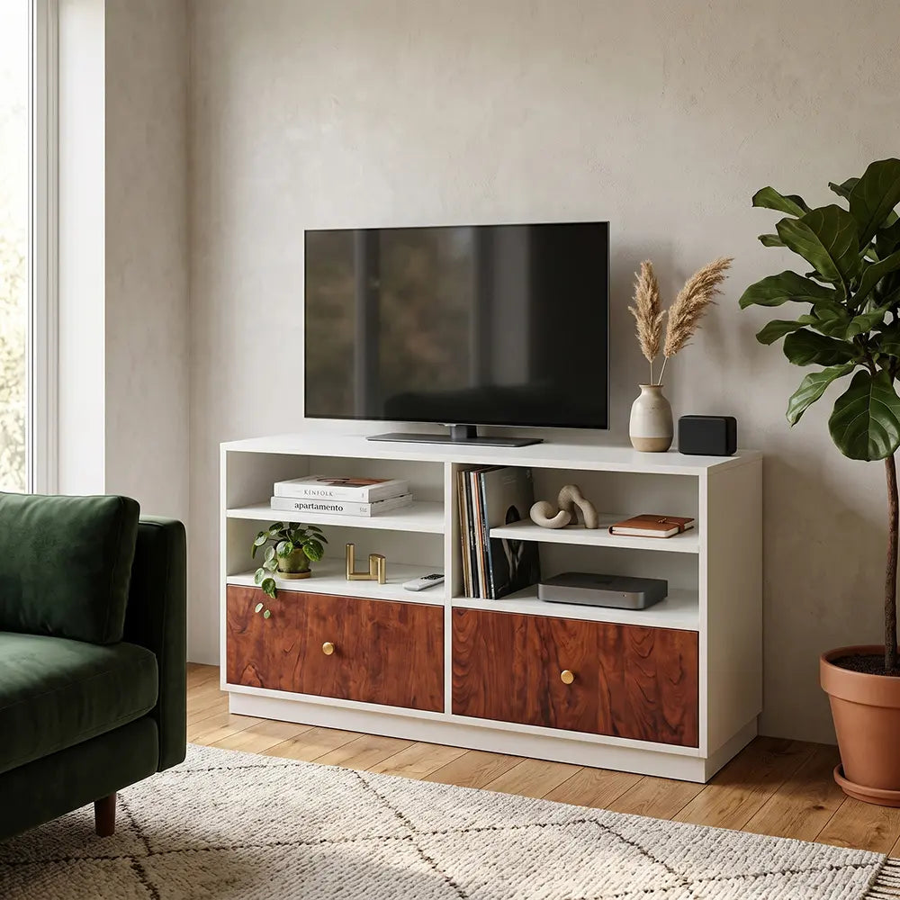 White TV Console with Wood Finish Drawers