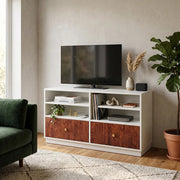 White TV Console with Wood Finish Drawers