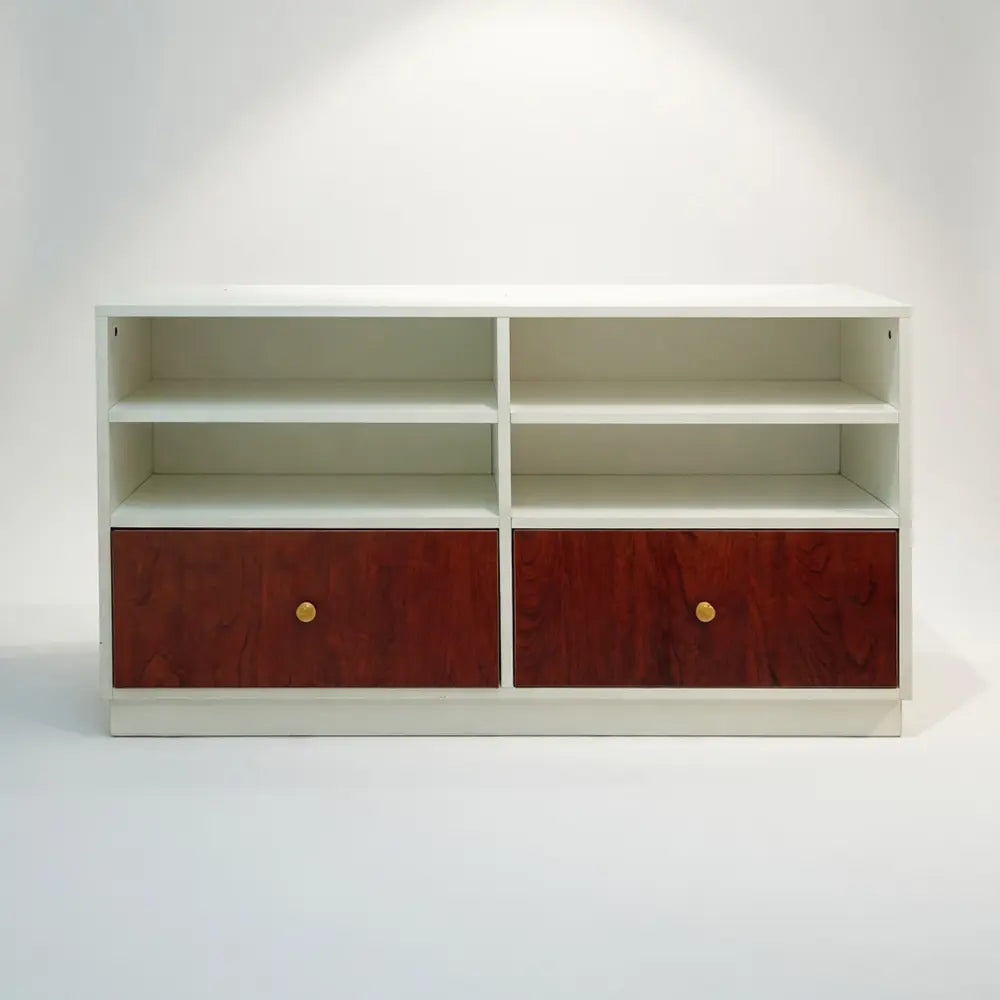 White TV Console with Wood Finish Drawers