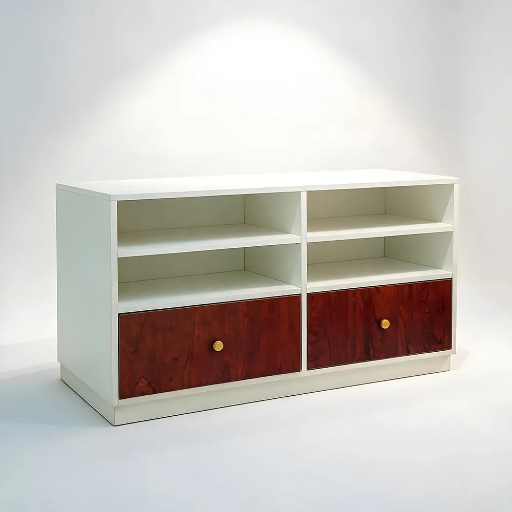 White TV Console with Wood Finish Drawers