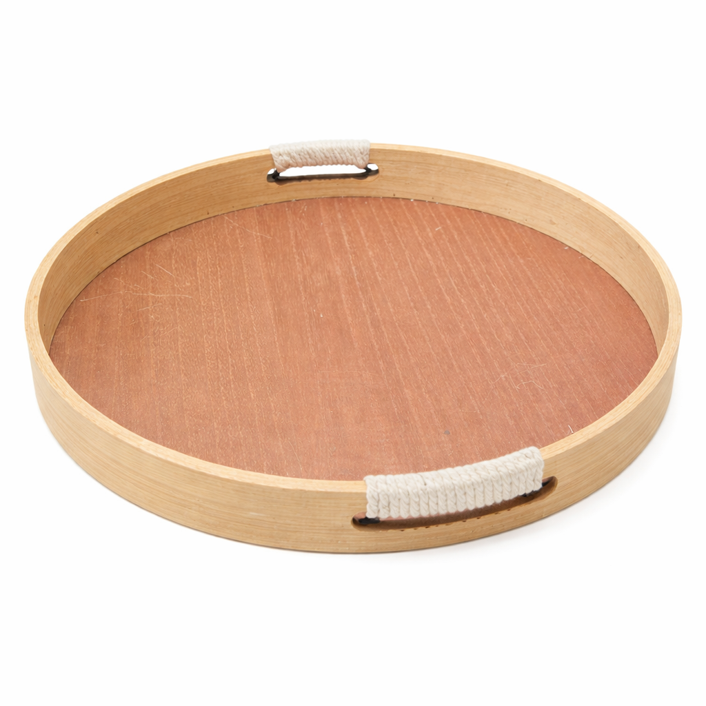 Round Decorative Wooden Serving Tray Set with Rope Handle