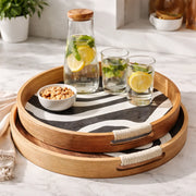 Round Decorative Wooden Serving Tray Set with Rope Handle