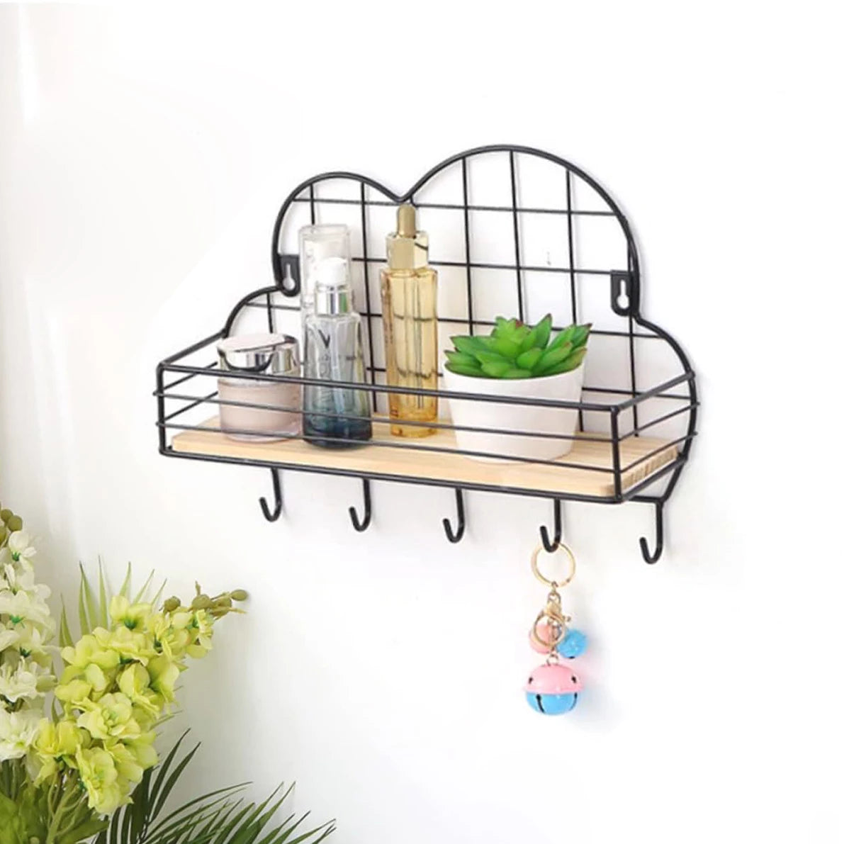 BLACK CLOUD SHAPE METAL WIRE SHELF WITH HOOKS