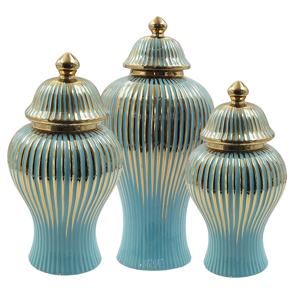 GLOSSY BLUE & GOLD CERAMIC JAR COLLECTION WITH LID – DECORATIVE ACCENT VASES