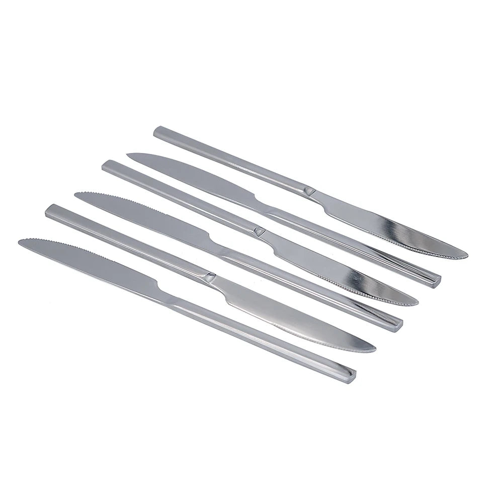 STAINLESS STEEL DINNER KNIFE SET – 6 PIECES | SQUARE EDGE HANDLE | MODERN TABLE KNIFE SET