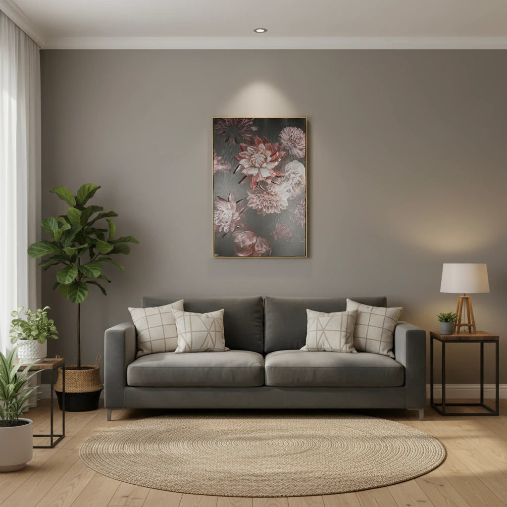 Modern Floral Wall Frame – Pink and White Flowers on Grey Canvas