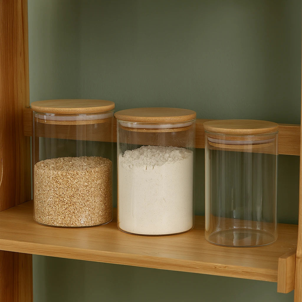 Transparent Glass Kitchen Storage Jar / Airtight Food Storage Container with Wooden Lid-Small
