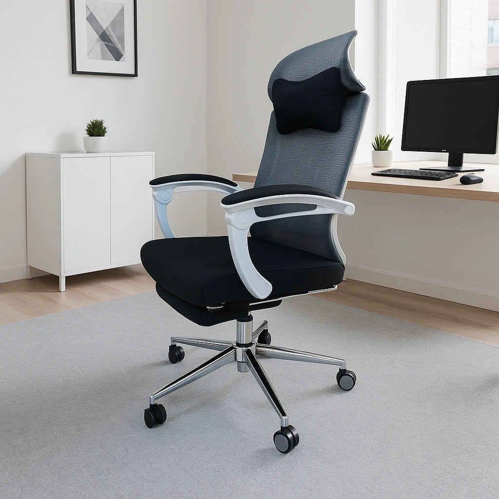HIGH-BACK OFFICE CHAIR WITH ADJUSTABLE LUMBAR AND EXTENDABLE FOOTREST